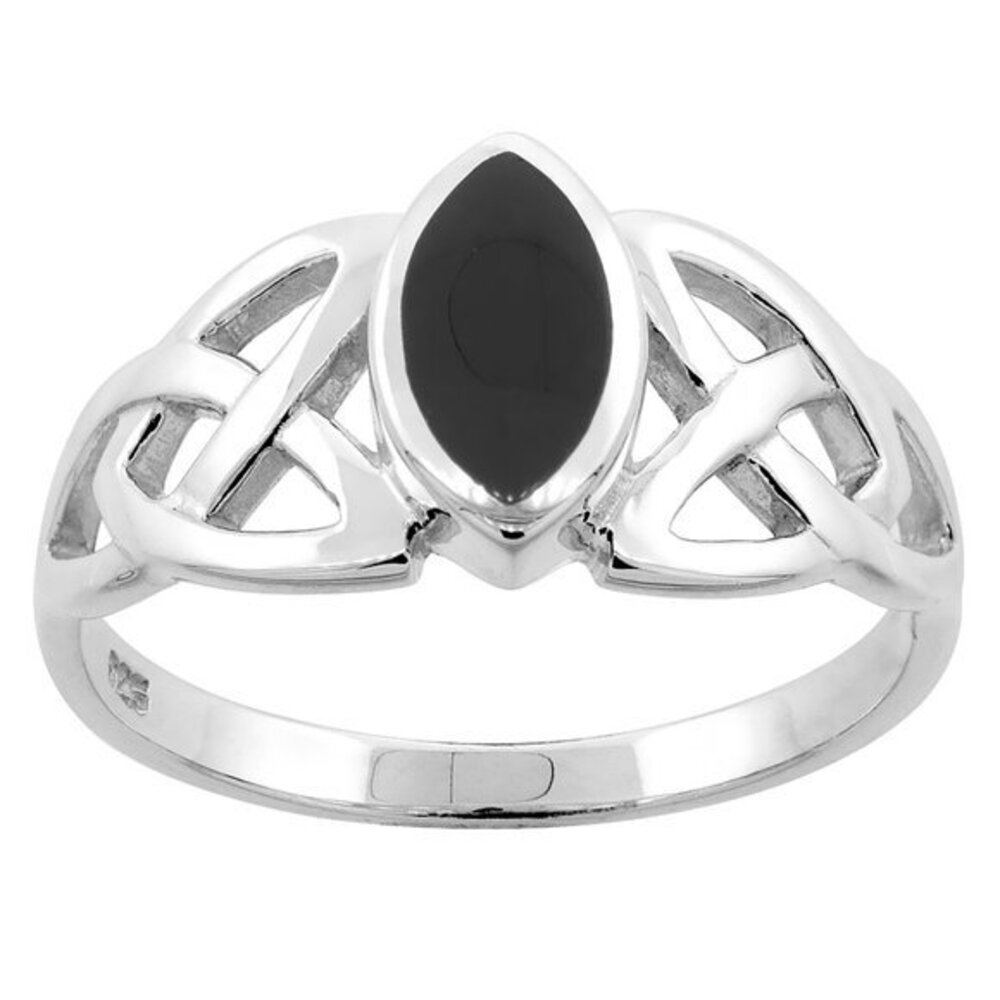 Sterling Silver Marquise Black Onyx Celtic Knot Trinity Triquetra Ring for Women